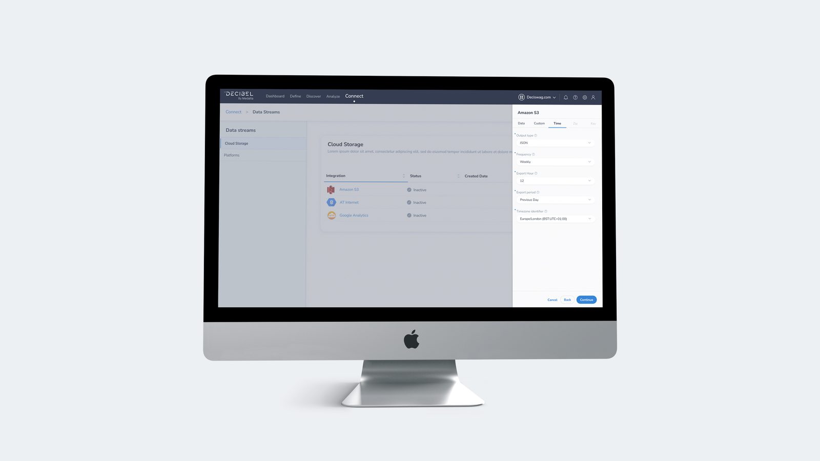 Decibel Connect: data streams configuration for exporting to Amazon S3 cloud storage