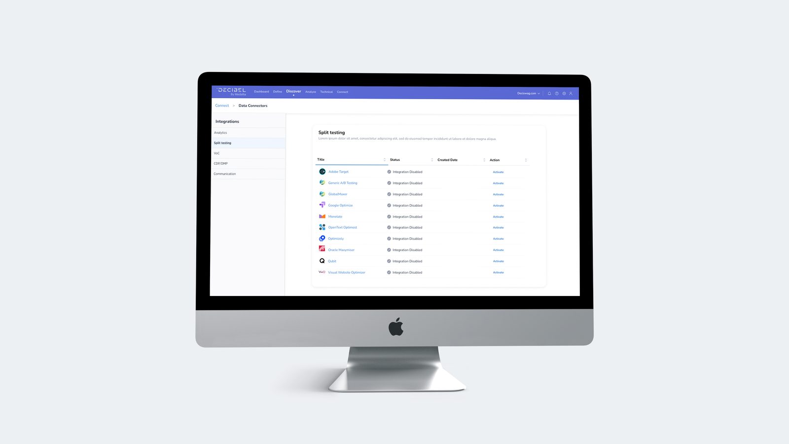 Decibel Connect: split testing integrations including Adobe Target, Optimizely, Google Optimize and more