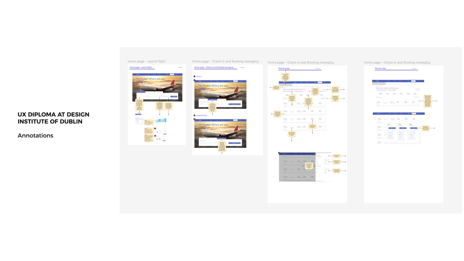 FlyUX annotated wireframes: home page search flight, check-in and booking managing, results page