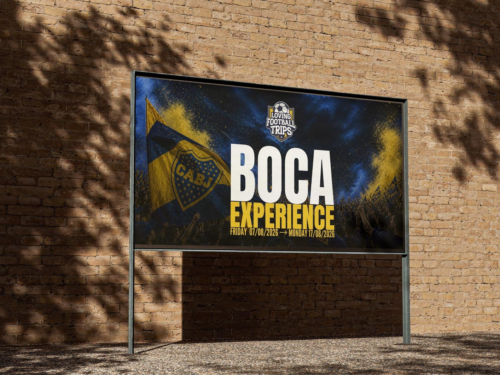 Boca Experience billboard mockup on a brick wall