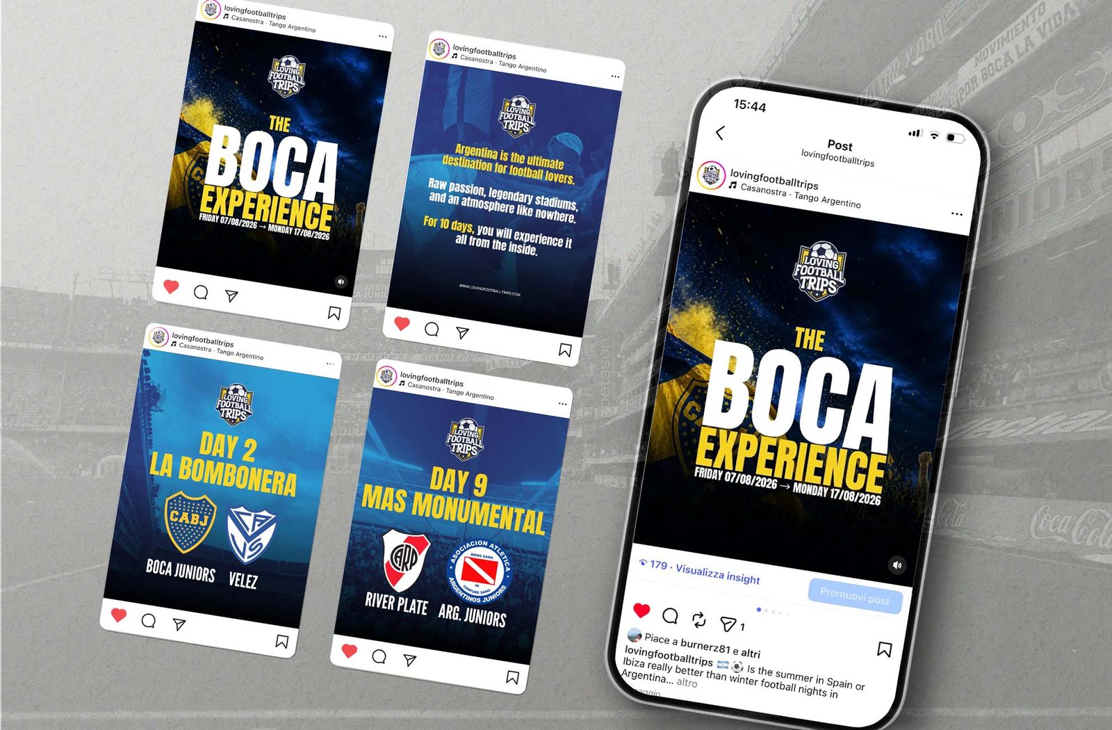 Boca Experience Instagram post and story mockups, including Day 2 and Day 9 matchday posts