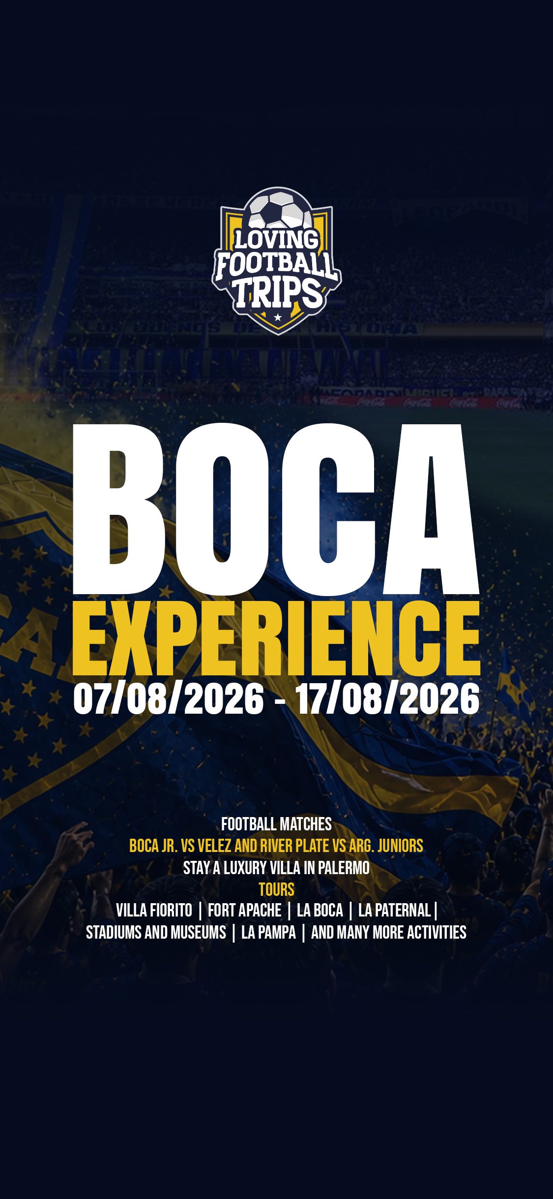 Boca Experience key visual with trip highlights: matches, villa in Palermo, tours