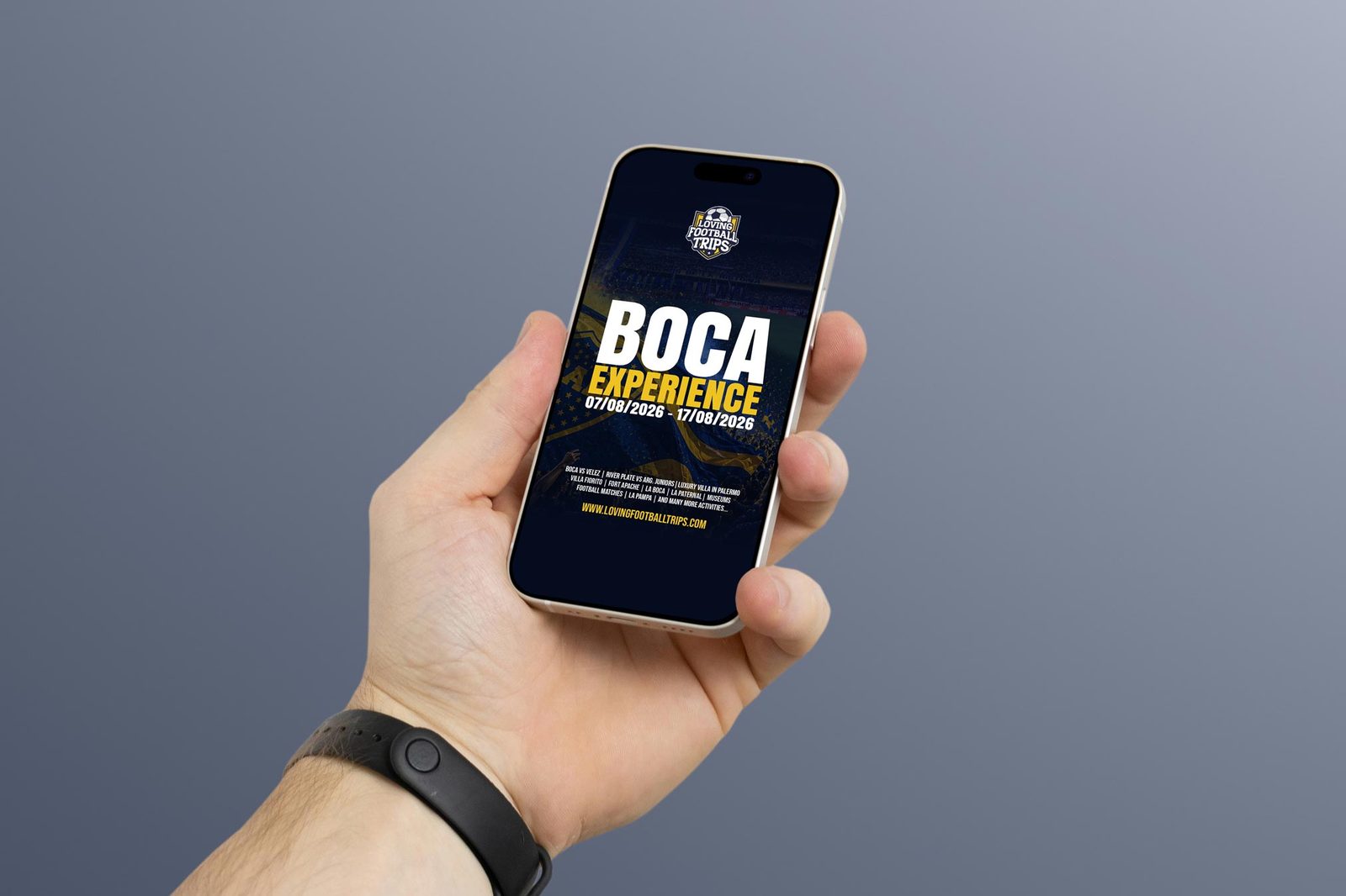 Boca Experience campaign on a phone screen, held in hand