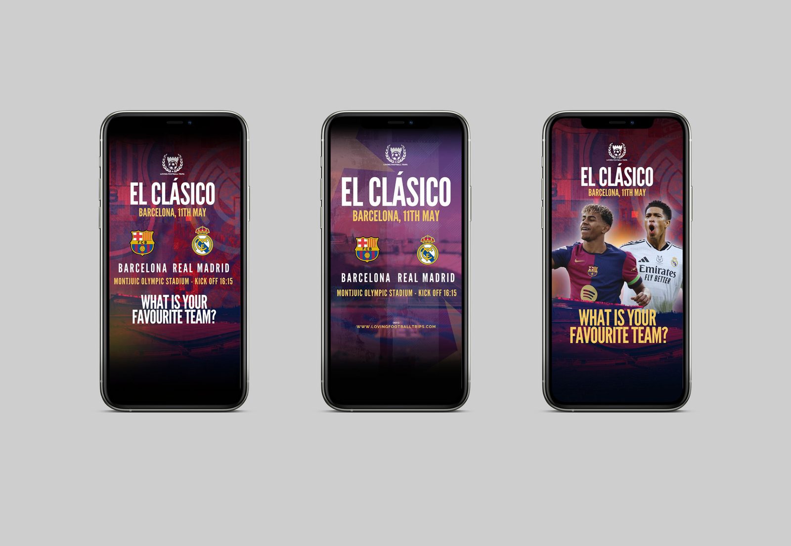 El Clasico campaign: Barcelona vs Real Madrid at Montjuic Olympic Stadium, three post variants