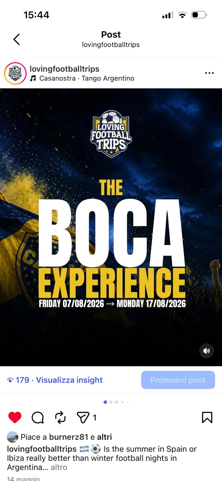 Real Instagram post of The Boca Experience, live on the lovingfootballtrips account