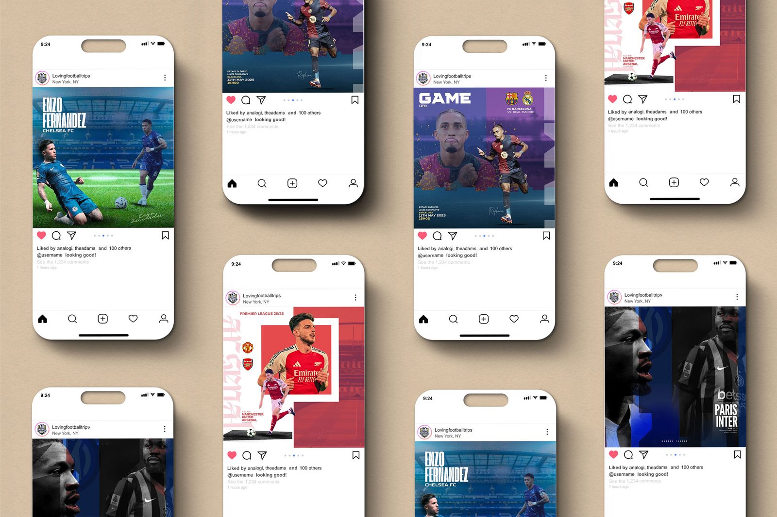 Recurring Instagram post templates featuring players and fixtures across leagues