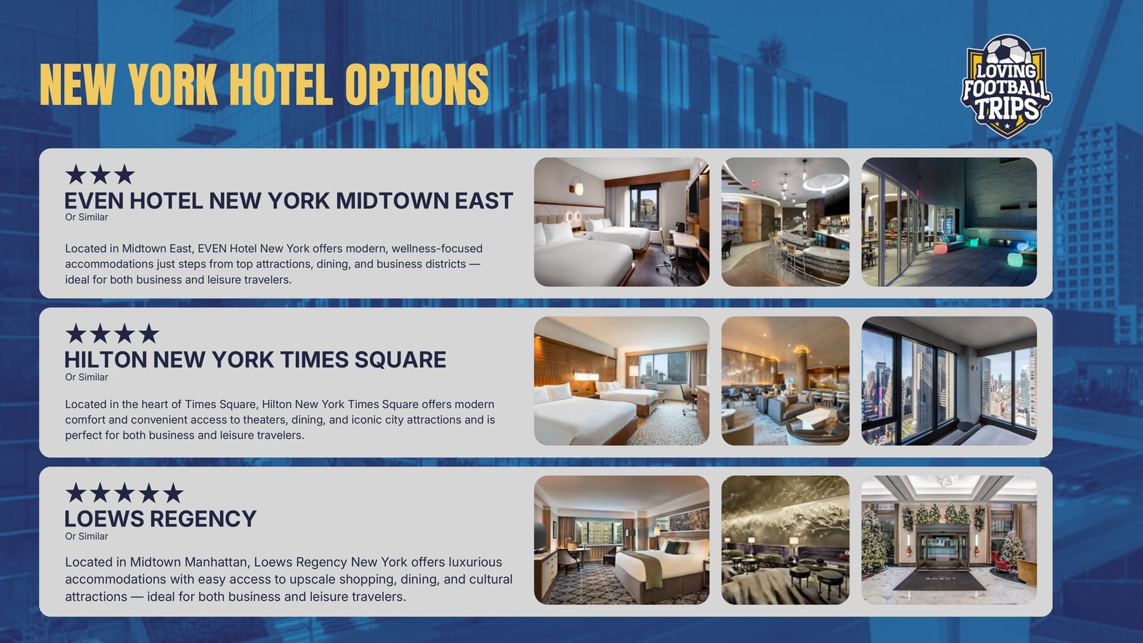 New York hotel options: EVEN Hotel Midtown East, Hilton Times Square, Loews Regency