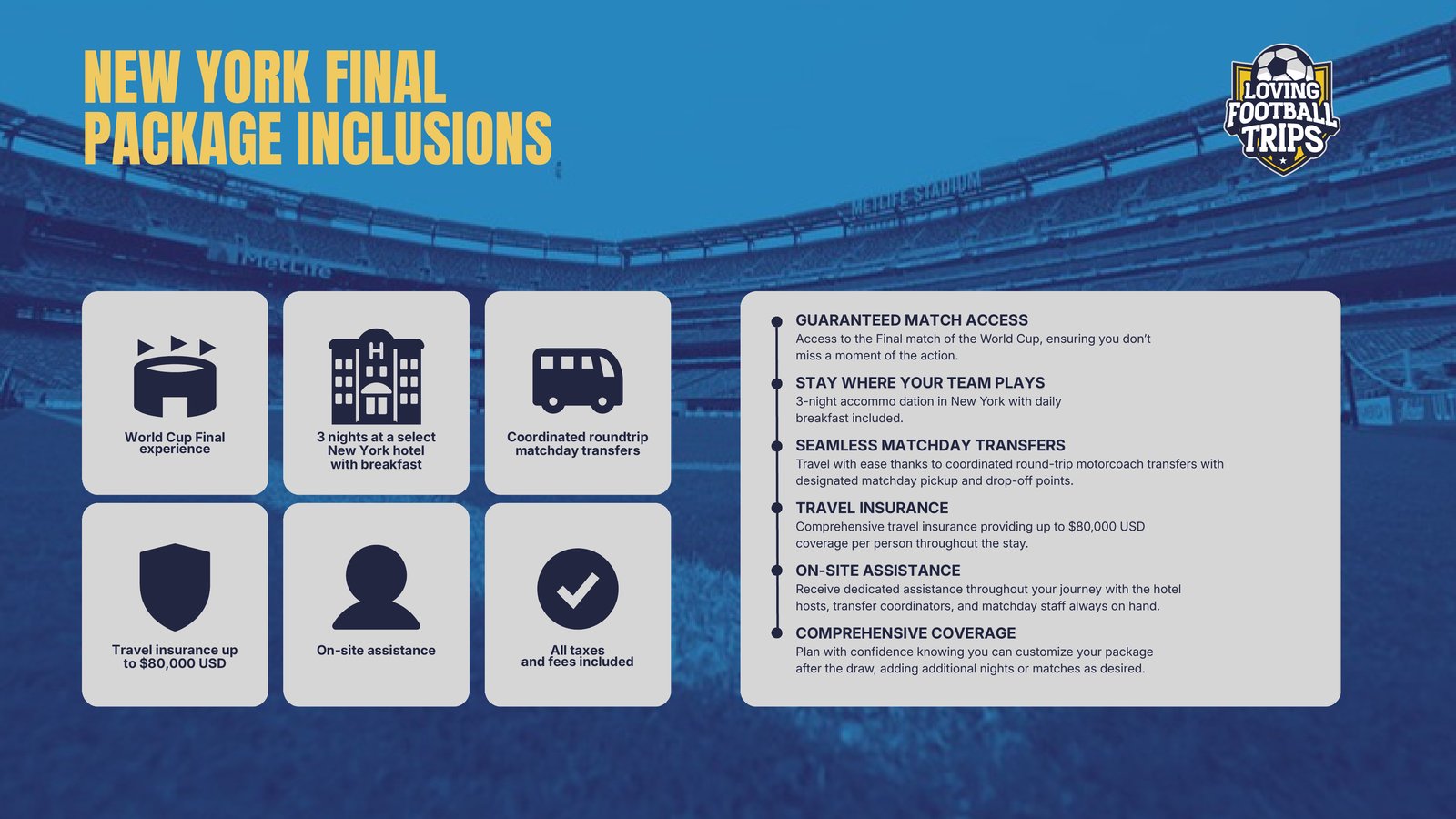 New York Final package inclusions: match access, hotel, transfers, insurance, on-site assistance