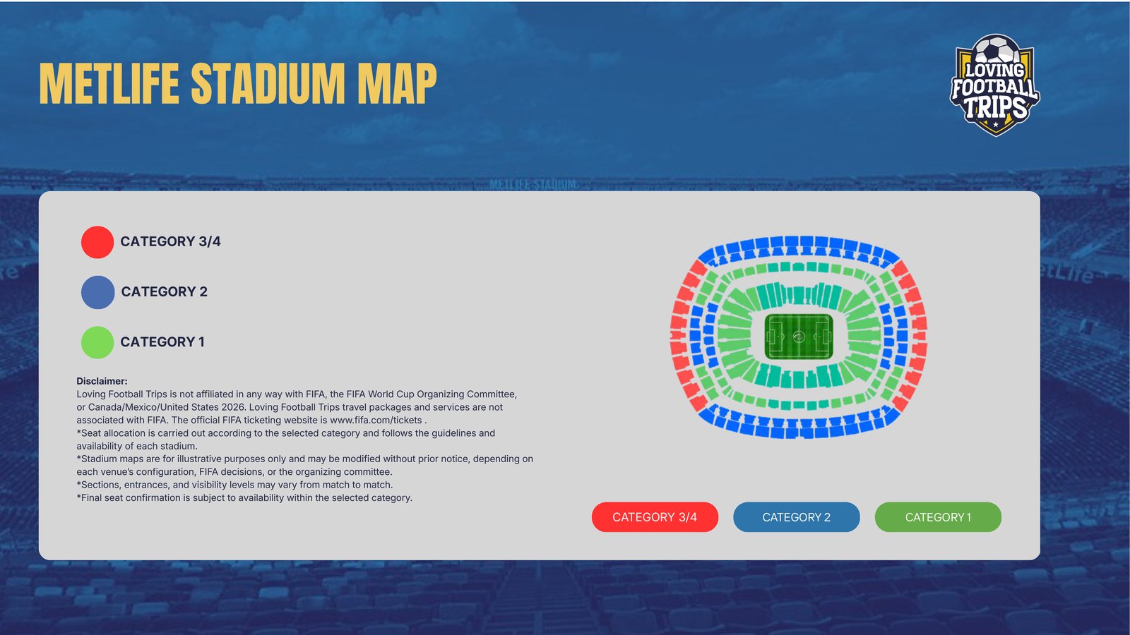 MetLife Stadium seating map with category 1, 2 and 3/4 zones