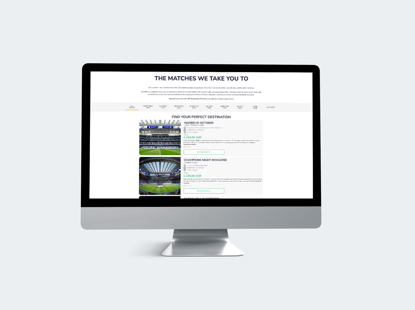 Experiences page listing trips with pricing, filterable by month