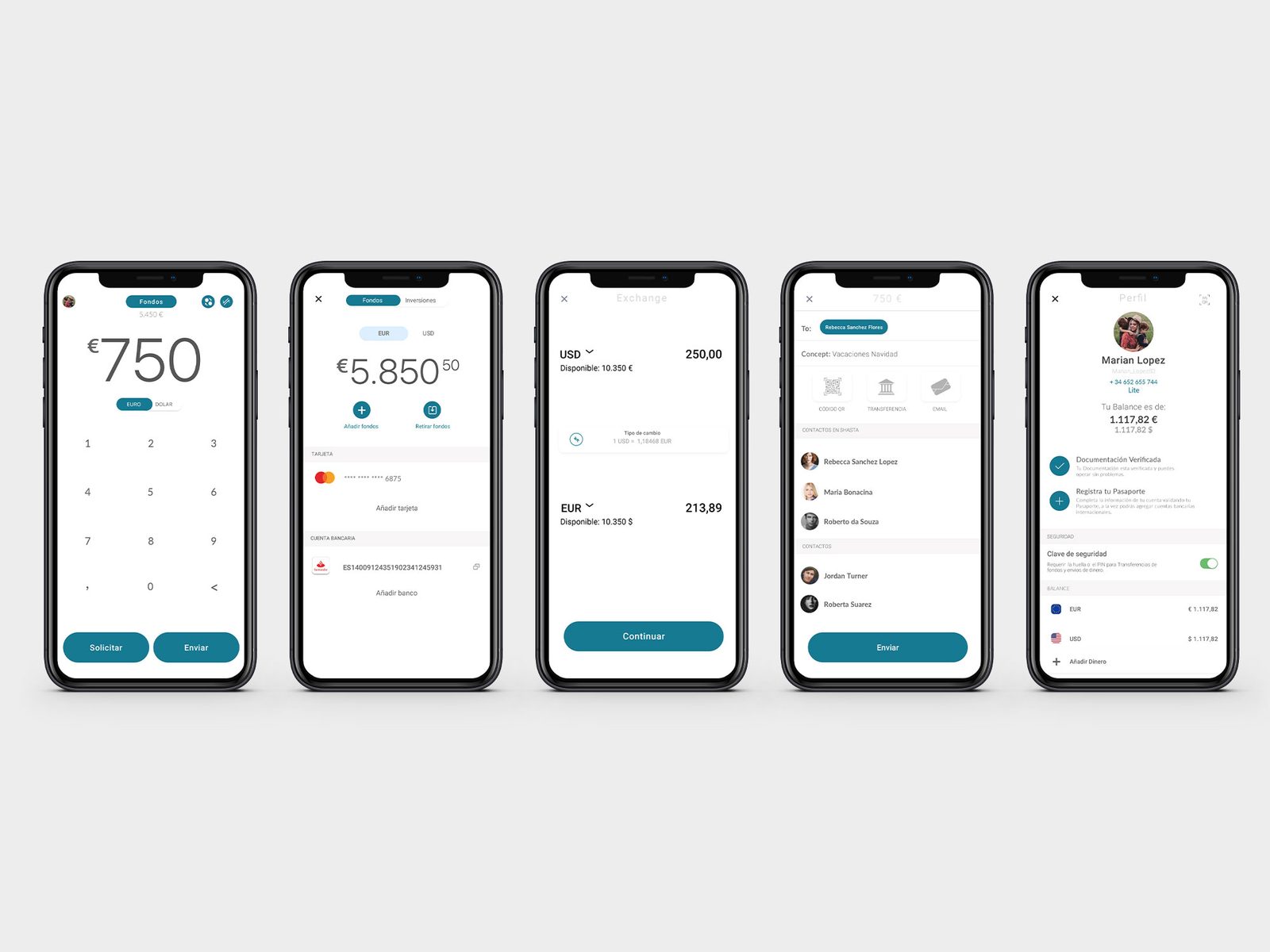 Shasta app screens: amount keypad, funds with EUR balance, currency exchange, send to contact, profile with balances