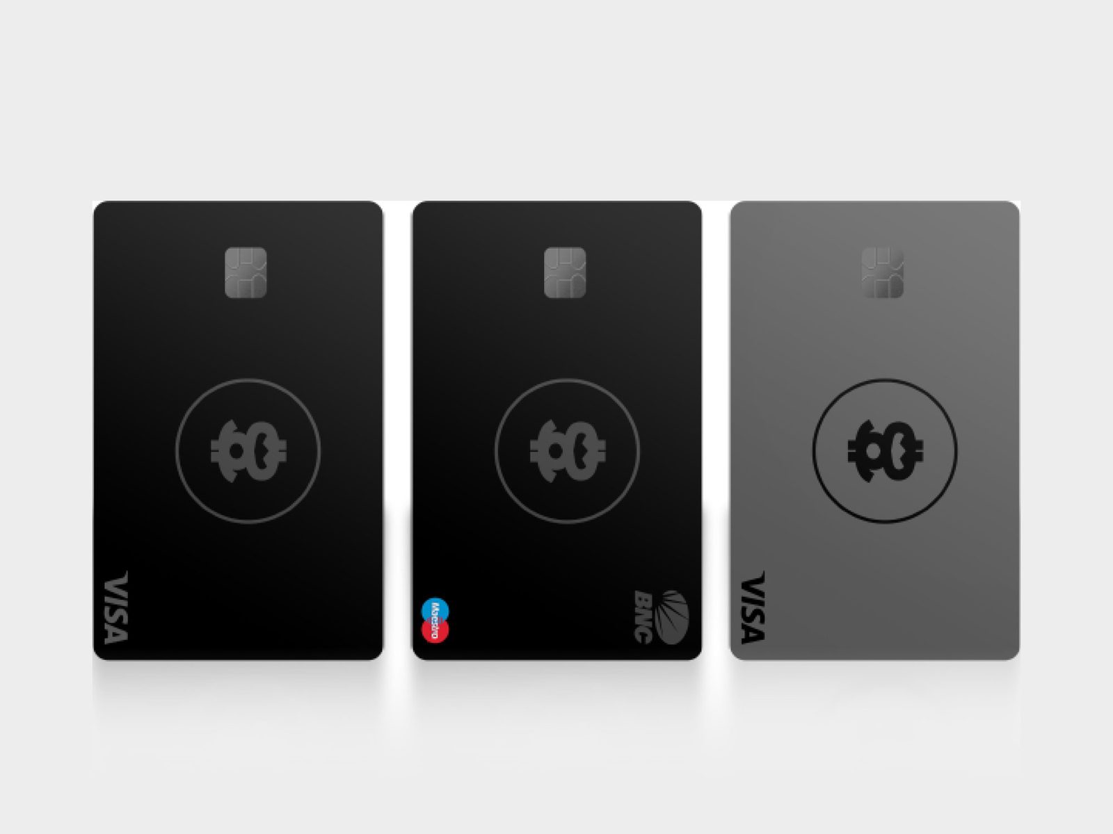 Three Shasta Visa and Mastercard variants in black and grey