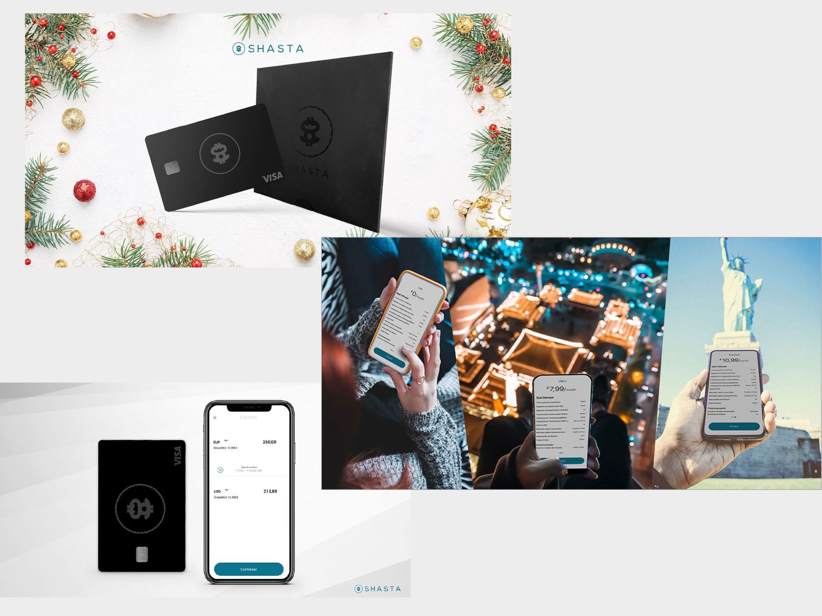 Shasta seasonal card creative and membership tier pricing cards shown on phones