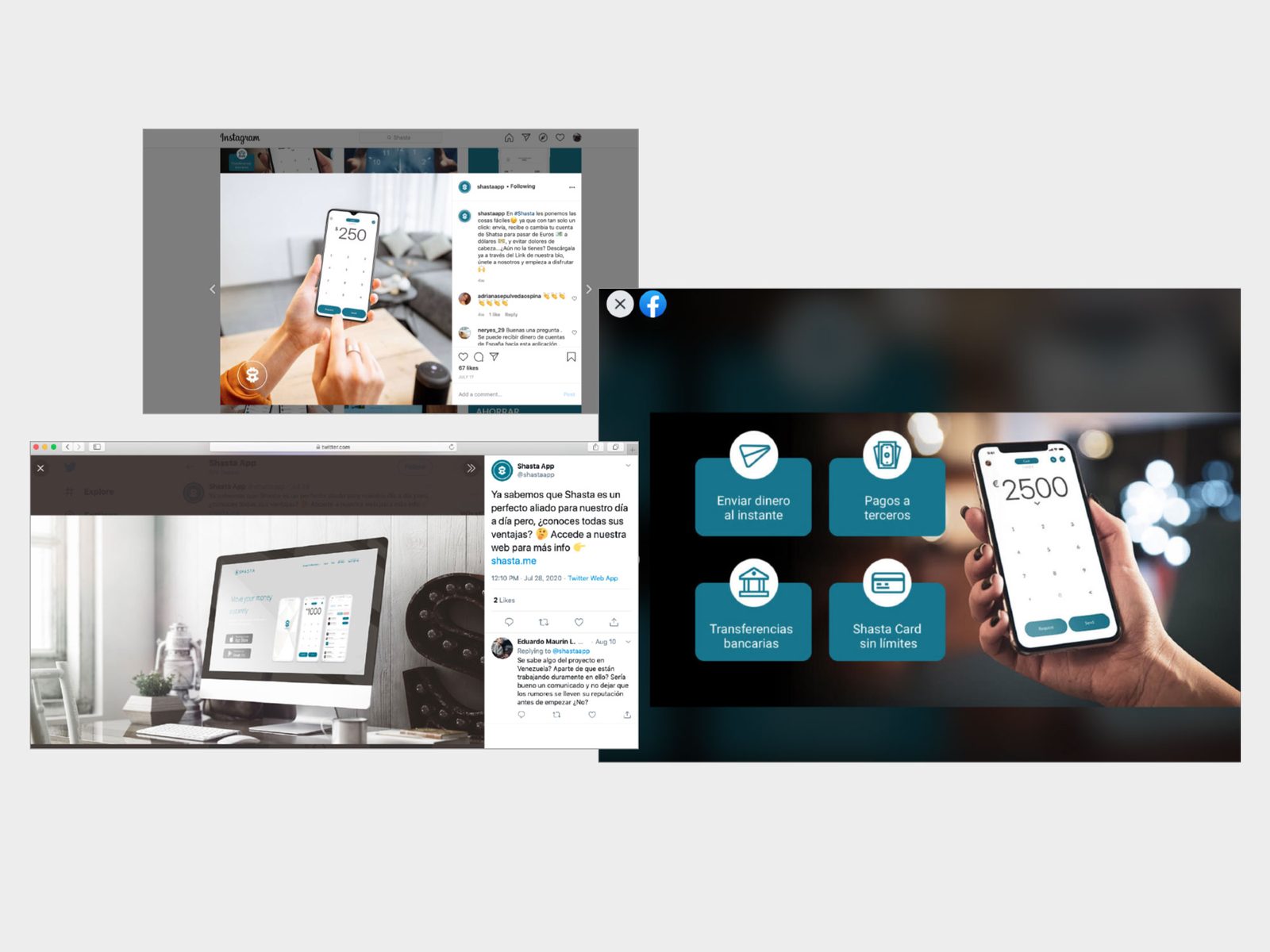 Shasta Instagram, Twitter and Facebook ad posts