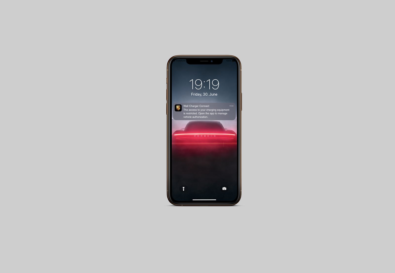Porsche Connect app: Charging Equipment setup, vehicle authorization prompt, and Charge History with usage chart