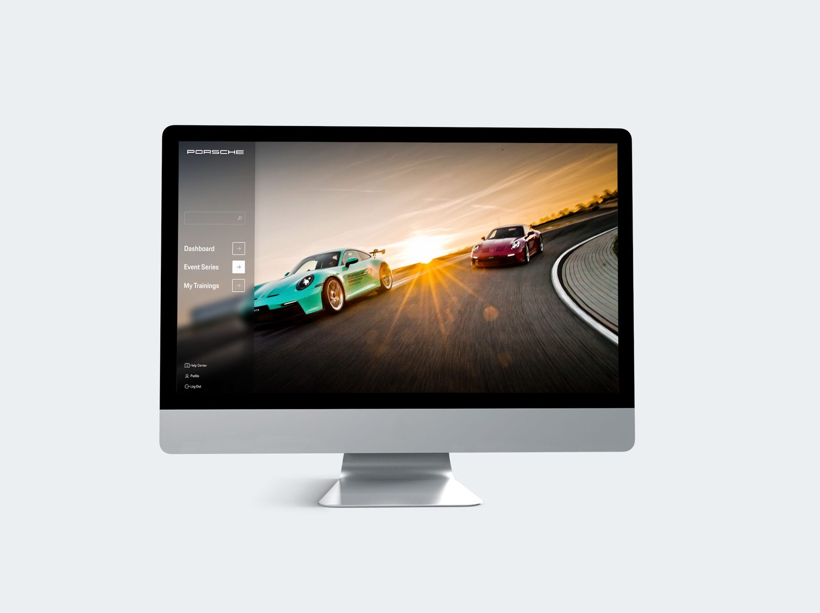 Porsche Experience World dashboard with sidebar navigation: Dashboard, Event Series, My Trainings