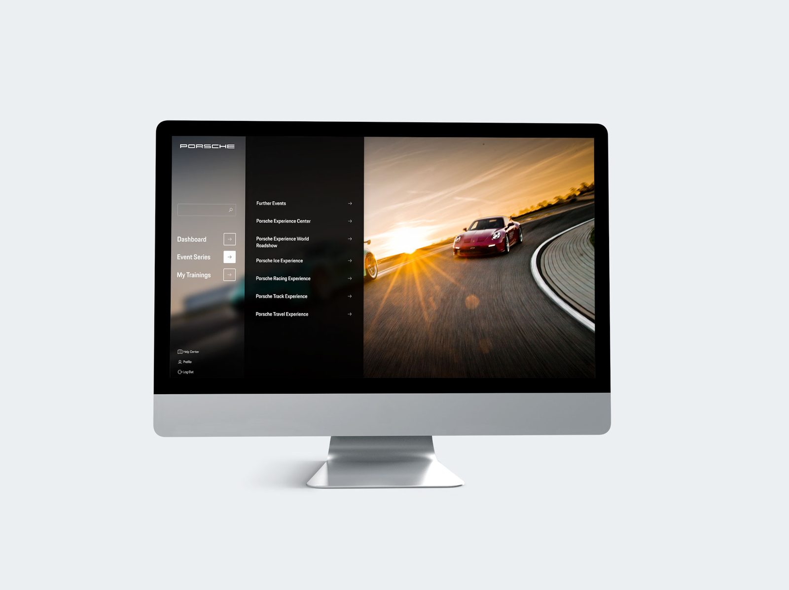 Porsche Experience World Event Series menu expanded, listing Track, Racing, Ice and Travel Experiences