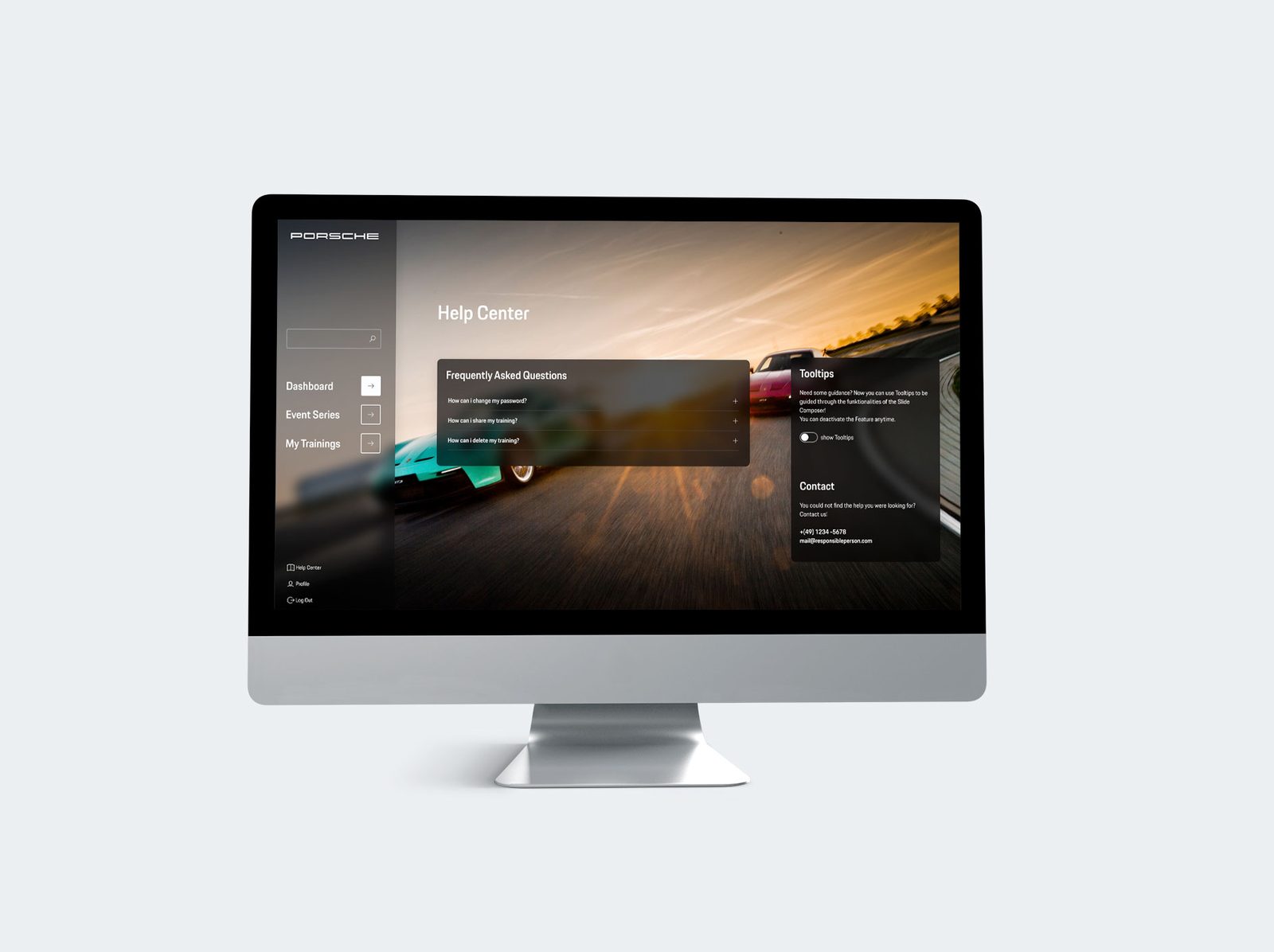 Porsche Experience World Help Center with FAQ, tooltips toggle and contact details