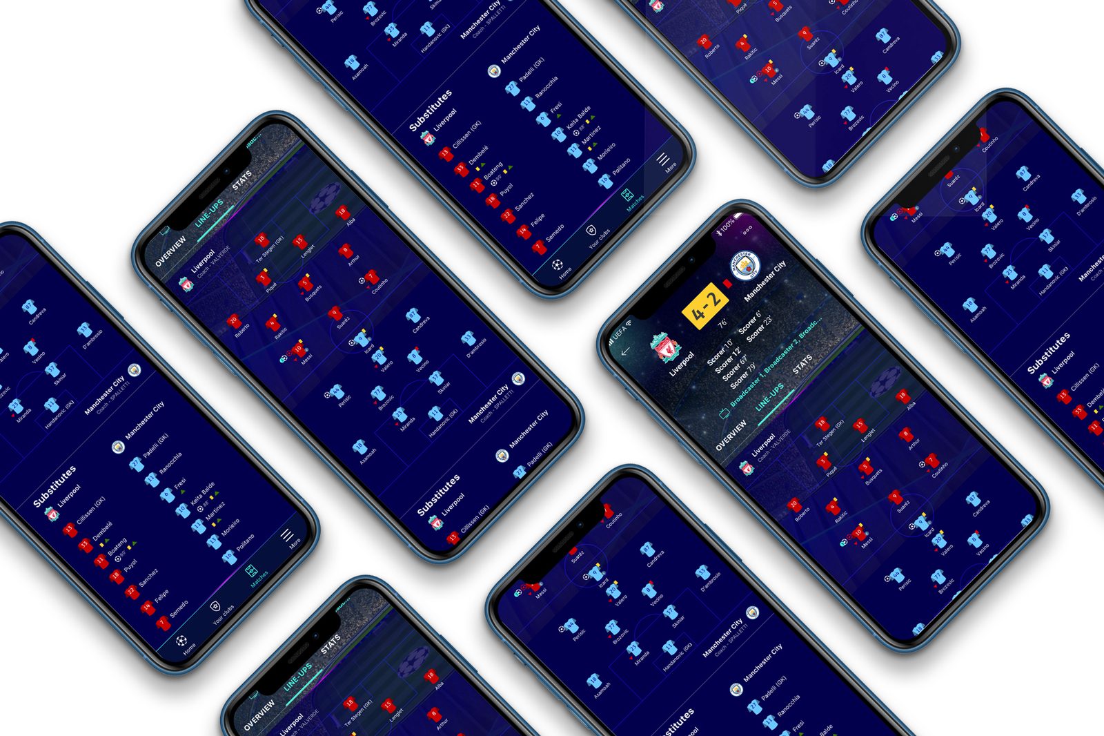 Multiple UEFA Champions League Match Center screens showing live scores and line-ups for Liverpool vs Manchester City