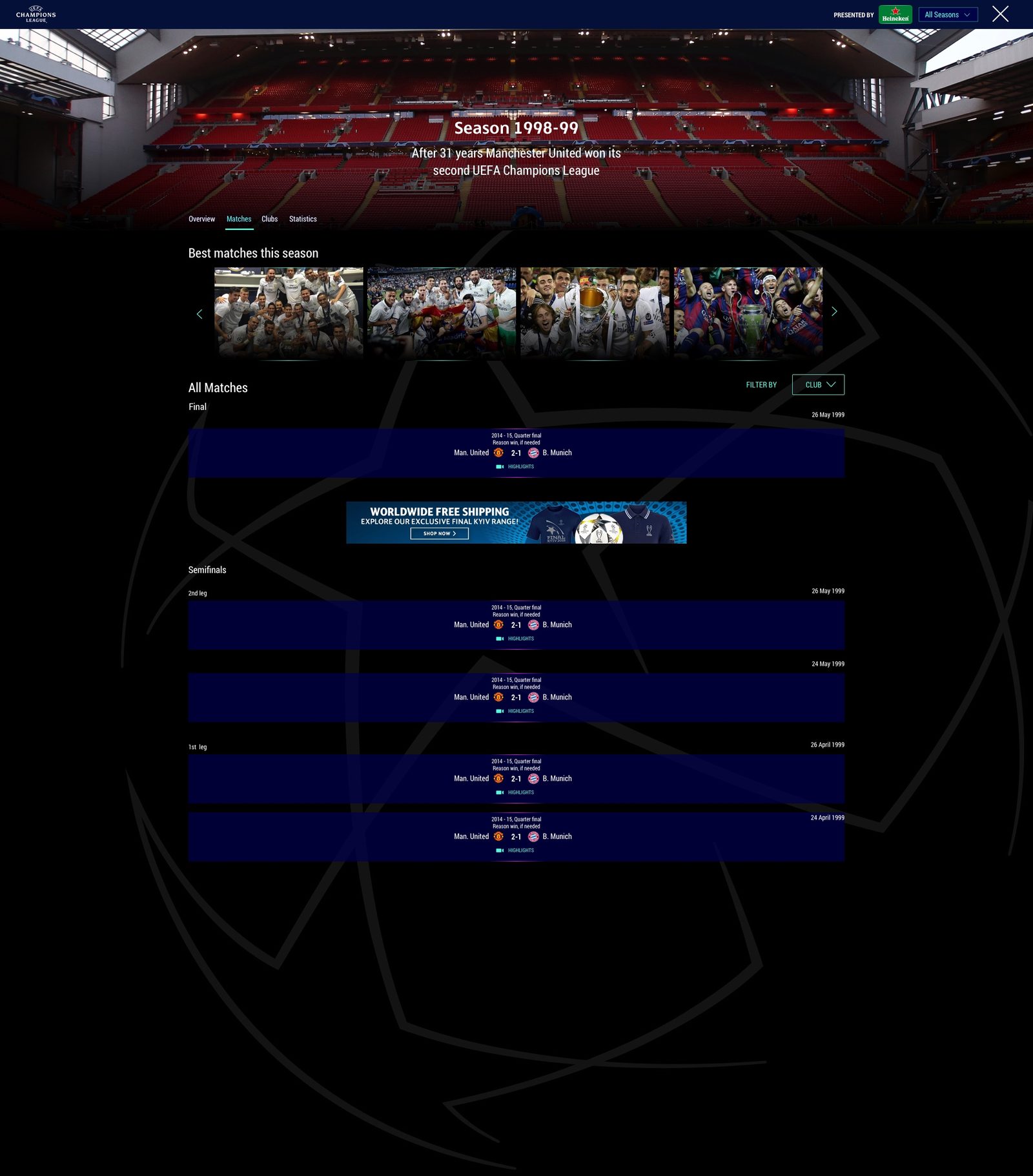 UEFA Champions League season page, Matches tab, with best matches carousel and full match list