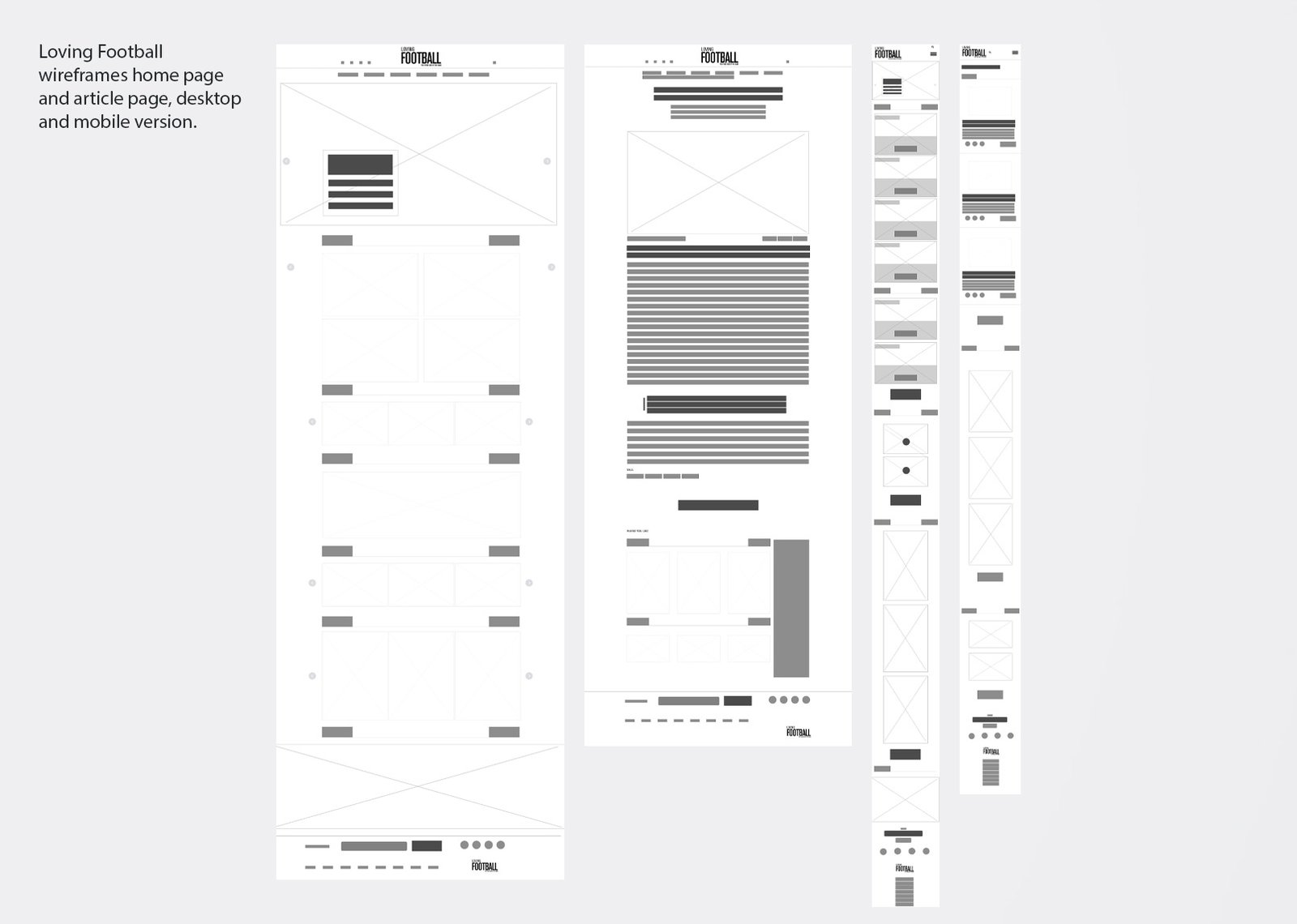Loving Football home page and article page wireframes, desktop and mobile