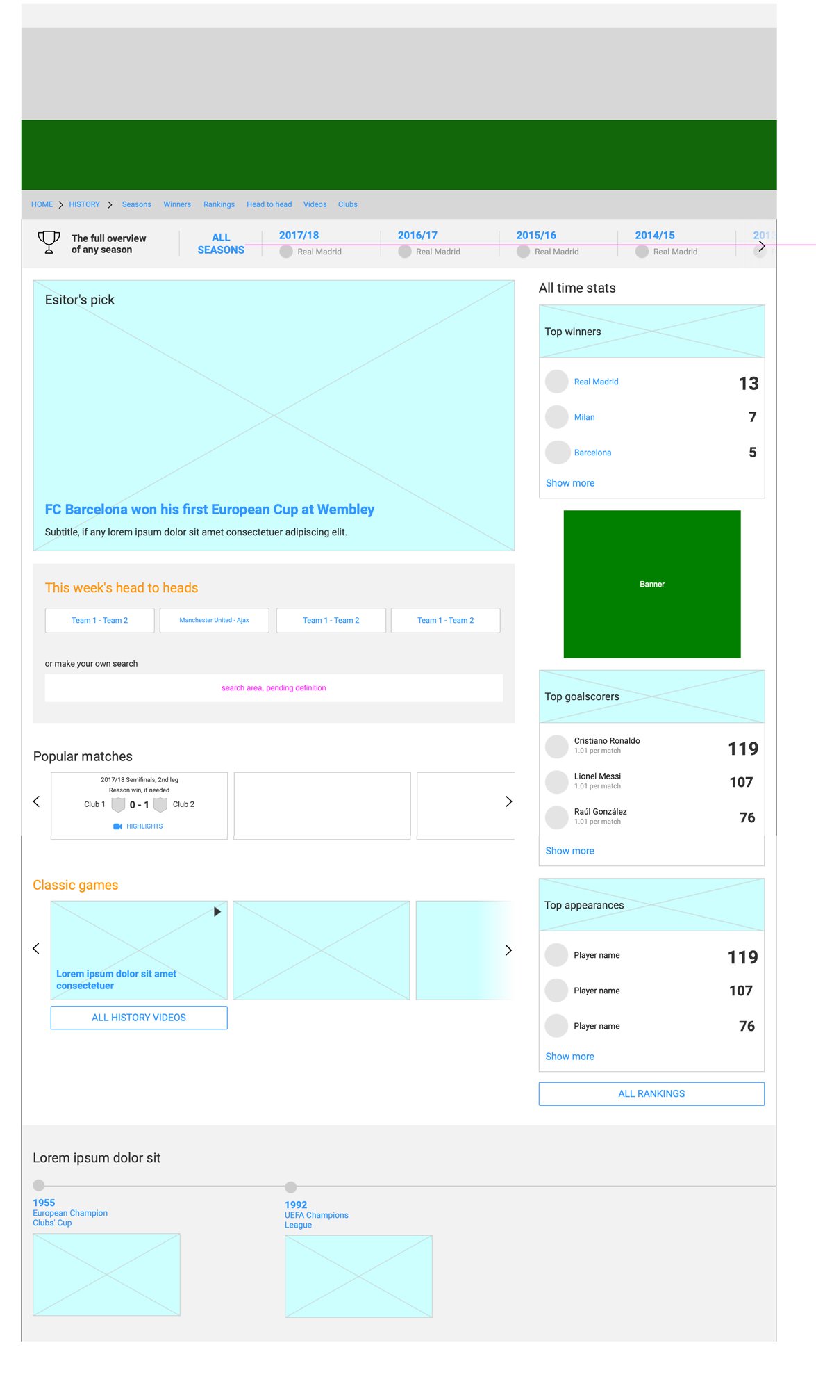 UEFA History page high-fidelity wireframe